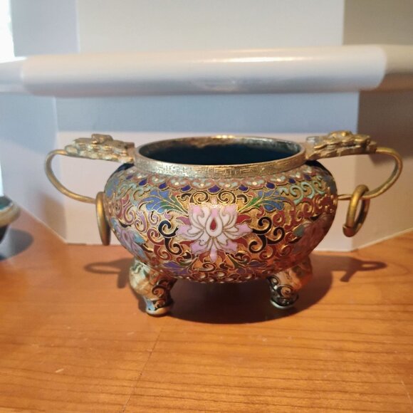 Vtg Large Chinese Cloisonné Brass Incense Burner Wood Stand Champleve Enamel - Picture 8 of 16